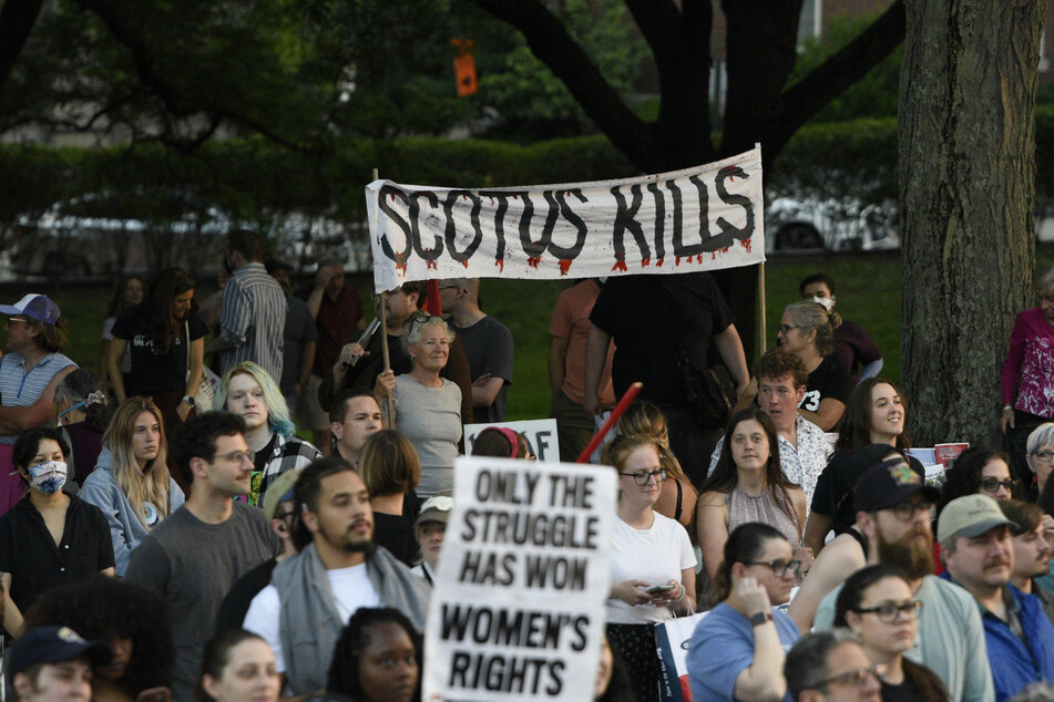 People gathered outside the Rhode Island State House in Providence to protest the Supreme Court decision.