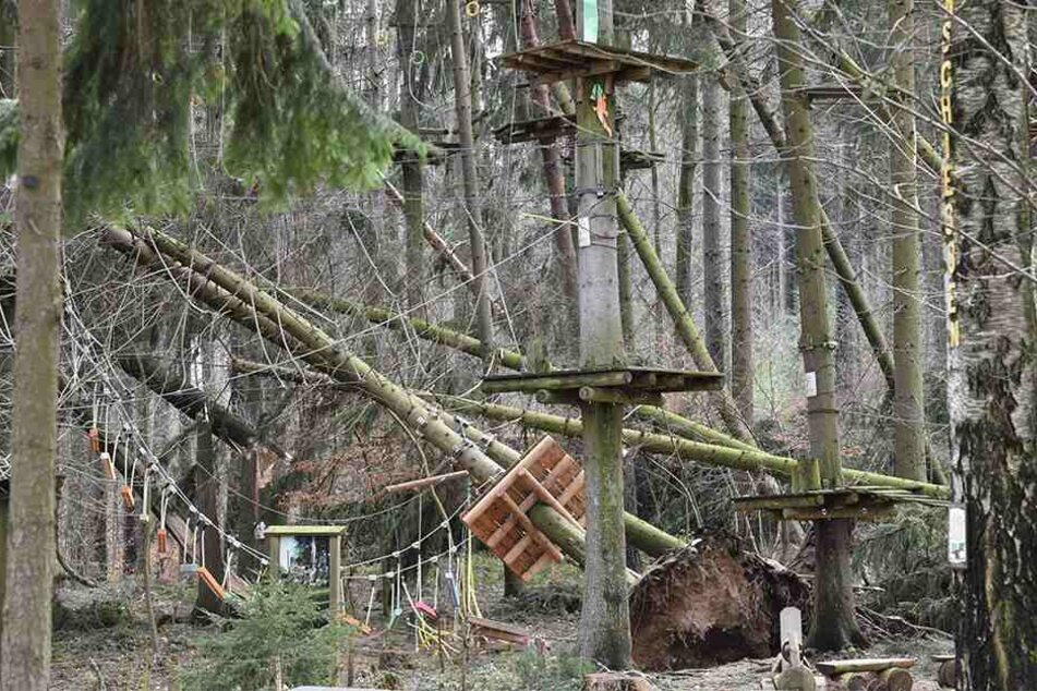 Ein Bild der Verwüstung: Pfähle sind abgeknickt, Bäume entwurzelt.