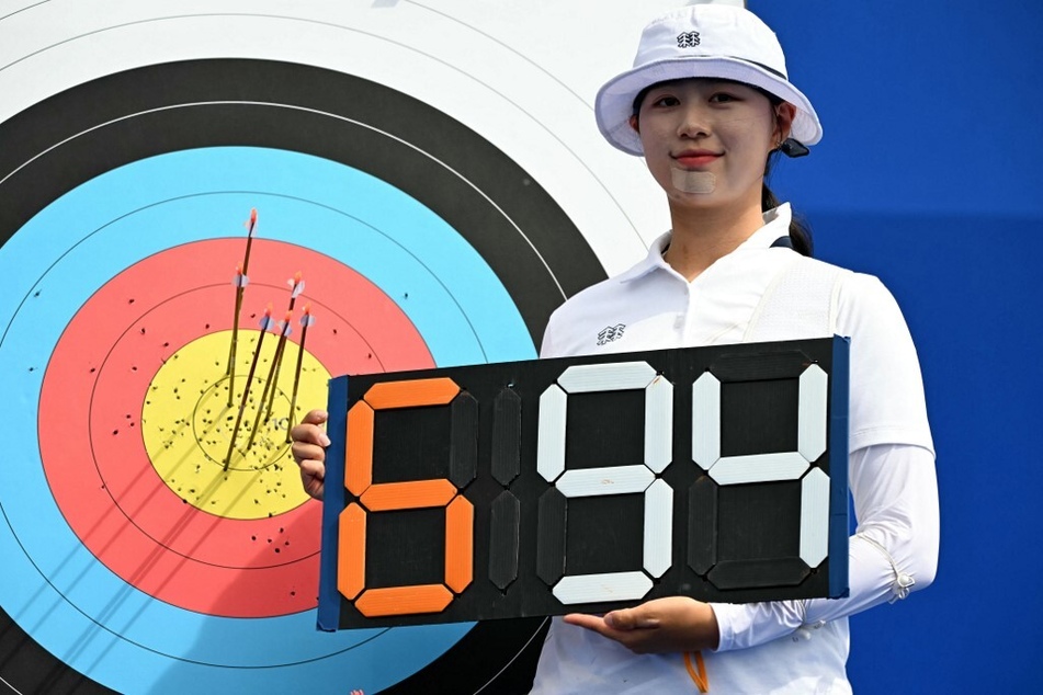 South Korea's Lim Si-hyeon poses after the archery women's individual preliminary round during the Paris 2024 Olympic Games.