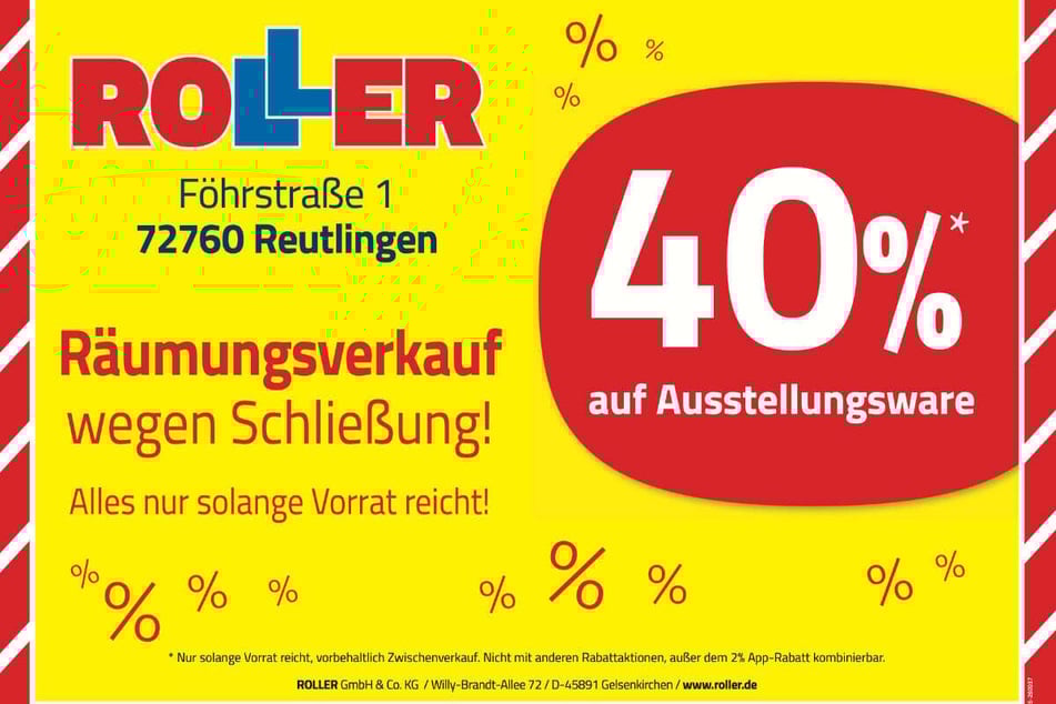 Während des Räumungsverkaufs bei ROLLER in Reutlingen warten 40 Prozent Nachlass beim Möbelkauf.¹