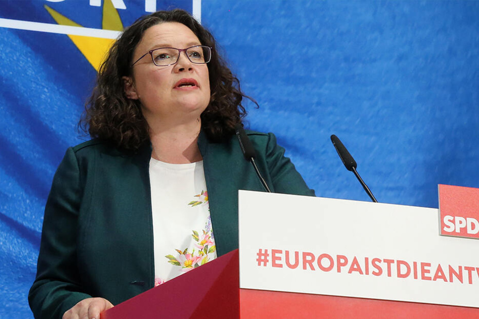 Andrea Nahles, SPD-Parteivorsitzende, äußert sich am Wahlsonntag auf einer Pressekonferenz der SPD zum Ergebnis der Europawahl.