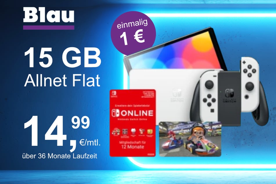 Die Nintendo Switch OLED + Mario Kart 8 im Blau Allnet S inkl. 15 GB für einmalig nur 1 Euro.