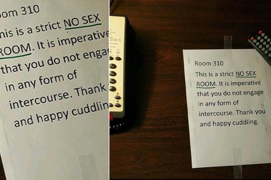 Hotelgäste haben in ihrem gebuchten Zimmer diesen Zettel mit einem Sex-Verbot entdeckt.