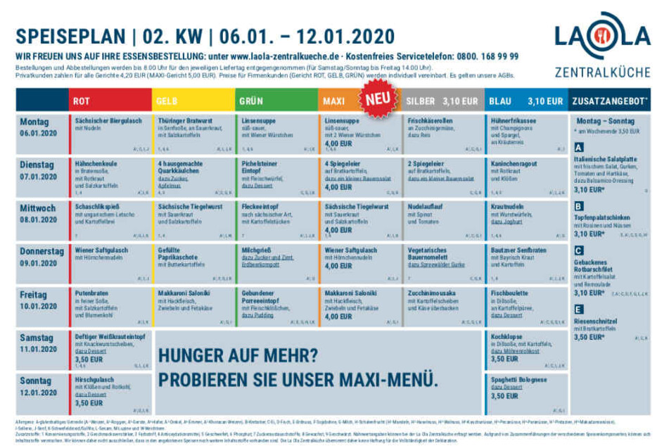 Der Speiseplan ab KW 02 (06. bis 12. Januar).