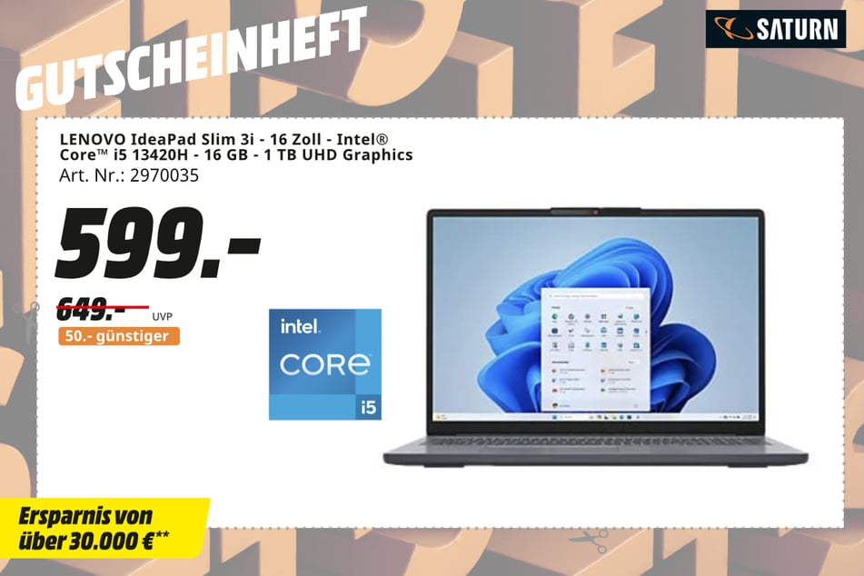 Lenovo-Notebook IdeaPad Slim 3i für 599 statt 649 Euro.