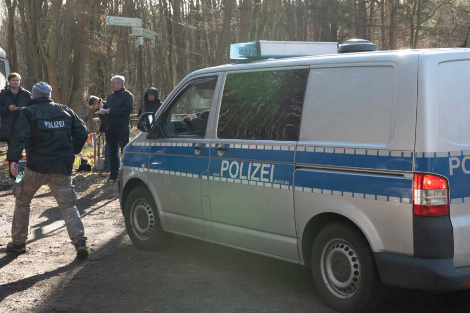 Ein Polizeifahrzeug fährt in ein Waldstück bei Storkow (Landkreids Oder Spree). Dort suchten Polizeibeamte erneut mit Spürhunden und einem Hubschrauber nach der vermissten Rebecca.