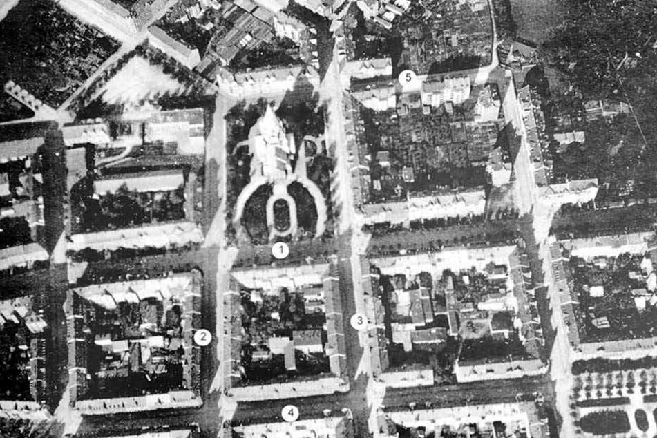 Vor dem Zweiten Weltkrieg dominierten im Lutherviertel Häuserkarrees. In der Bildmitte: die Lutherkirche an der Zschopauer Straße (1). 