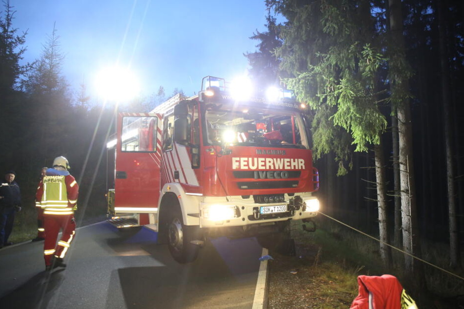 Die Feuerwehr zieht das Wrack aus dem Wald.