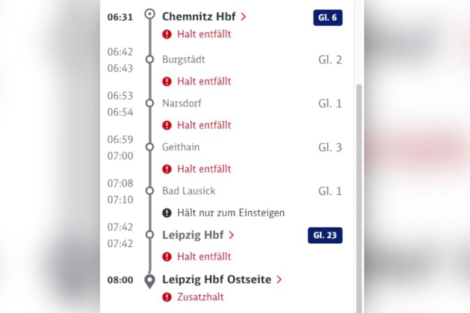 Verwirrung bei Fahrgästen: Der DB Navigator zeigt für Sonntag zahlreiche Ausfälle auf der Strecke zwischen Chemnitz und Leipzig. Ein technischer Fehler.