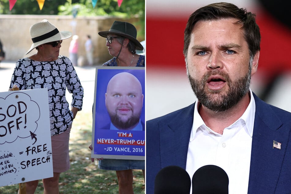 Vice President JD Vance (r.) spoke with American forces stationed in the UK as he continued his high-profile vacation, which has sparked protests from locals.