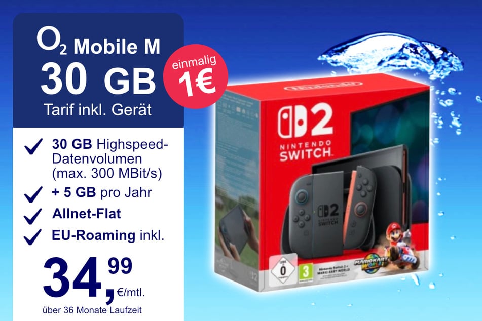 Die Nintendo Switch 2 + Mario Kart World im o2 Mobile M inkl. 30 GB+ für einmalig nur 1 Euro.