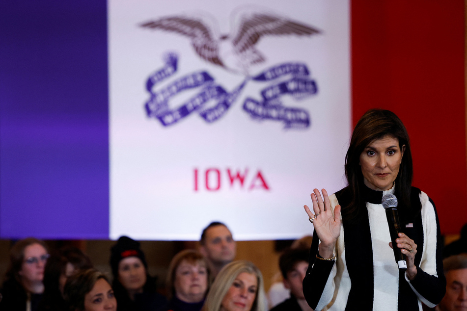 Republican presidential candidate and former US Ambassador to the United Nations Nikki Haley gestures during an Iowa Caucus campaign event in Adel on January 14, 2024.