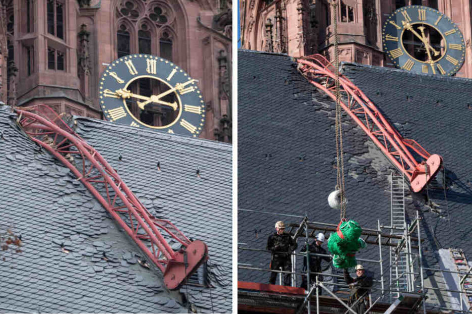 Der Baukran war in der Nacht auf Montag in das Dach den Frankfurter Doms gestürzt.