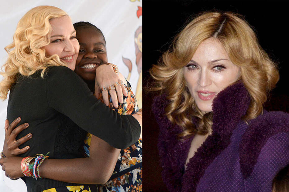 links: Madonna umarmt am 11. Juli 2017 in Blantyre (Malawi) ihre adoptierte Tochter Mercy bei der Eröffnung eines von ihrer Stiftung finanzierten neuen Krankenhausflügels für Kinderchirurgie. Der Bau ist nach ihrer Tochter benannt: "Mercy James Instituts"