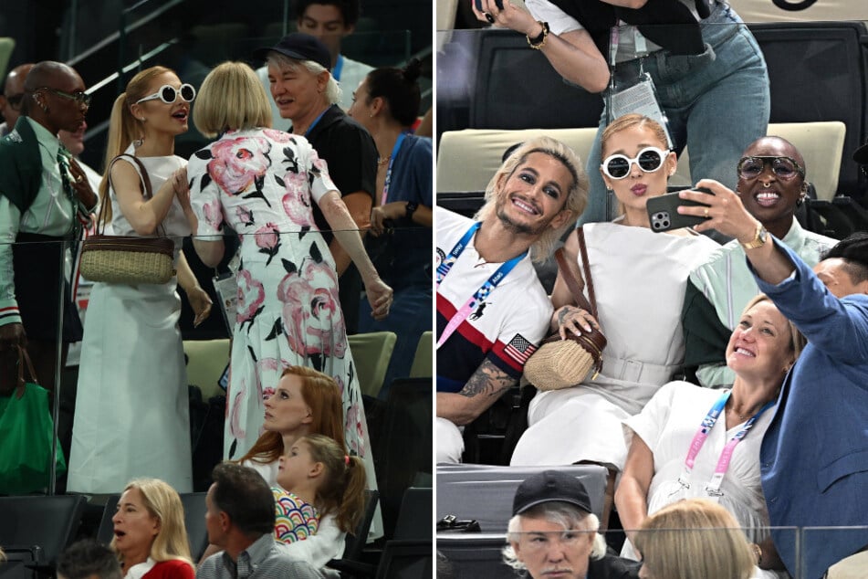 Ariana Grande (l.) was joined alongside her brother Frankie Grande (center r.) and Wicked co-star Cynthia Erivo (r.) at the 2024 Paris Olympics.