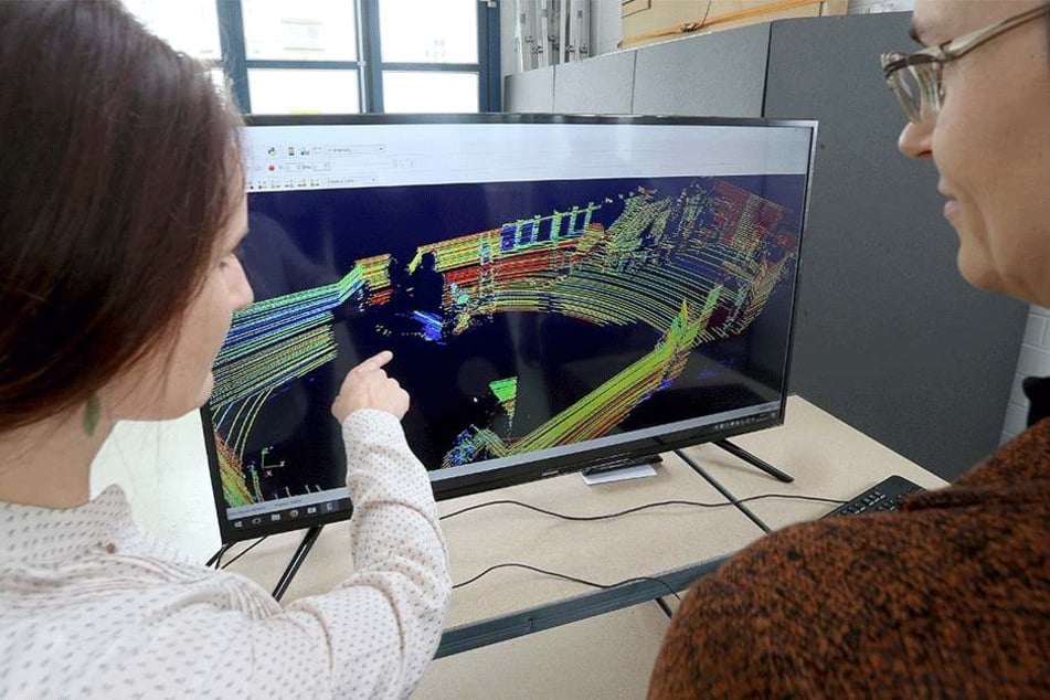 Birgit Pohle und Ellen Forke begutachten die Fahrzeugumfelderkennung mittels
des 3D-Laserscanners.