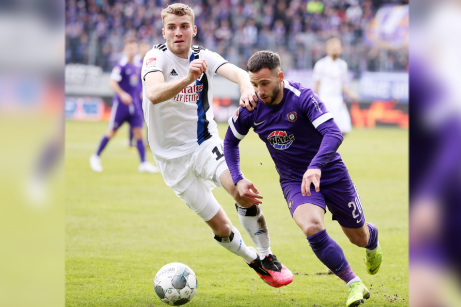 Szene von der bislang letzten Partie zwischen dem FCE und dem HSV: Calogero Rizzuto (r.) im Duell mit Jordan Beyer.