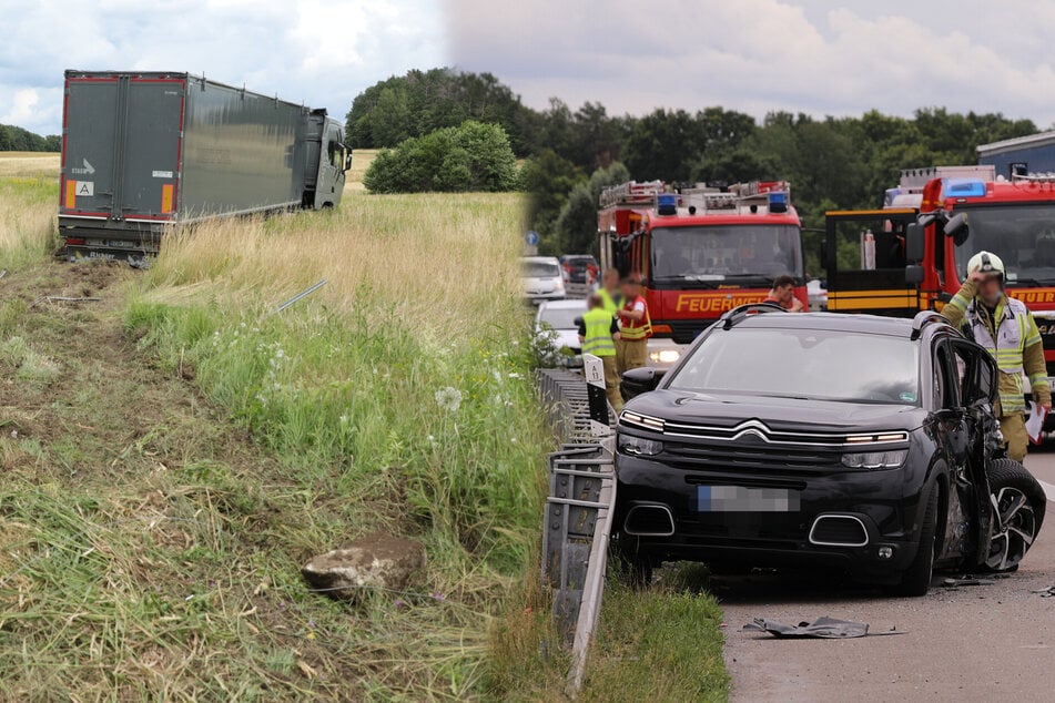 Unfall A13: Lkw rast von A13 auf Feld, Citroën wird heftig beschädigt: Zwei Verletzte