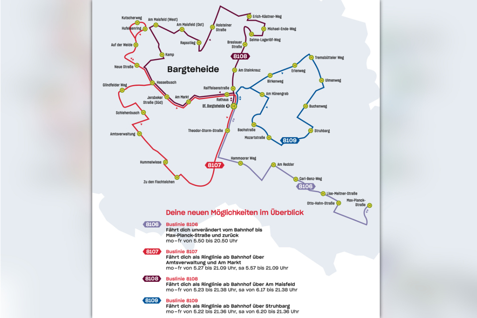 Das neue Stadtverkehrsnetz in Bargteheide startet ab 11. Dezember 2022 und hat vier Linien.
