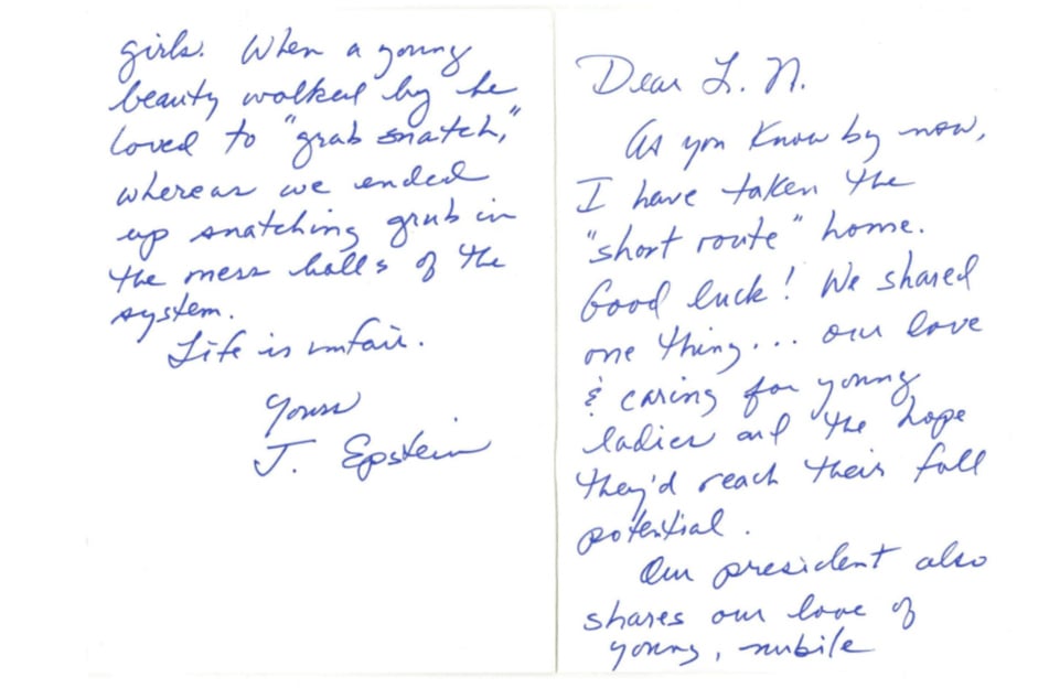 A postcard allegedly written by Epstein to disgraced former Team USA doctor Larry Nassar makes references to "our president" and "young, nubile girls."