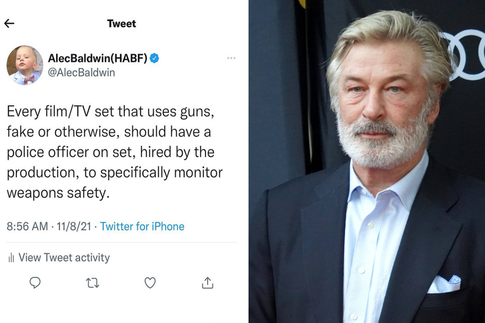 Alec Baldwin tweeted on Monday that he believes police officers should be hired on set to control weapons safety.