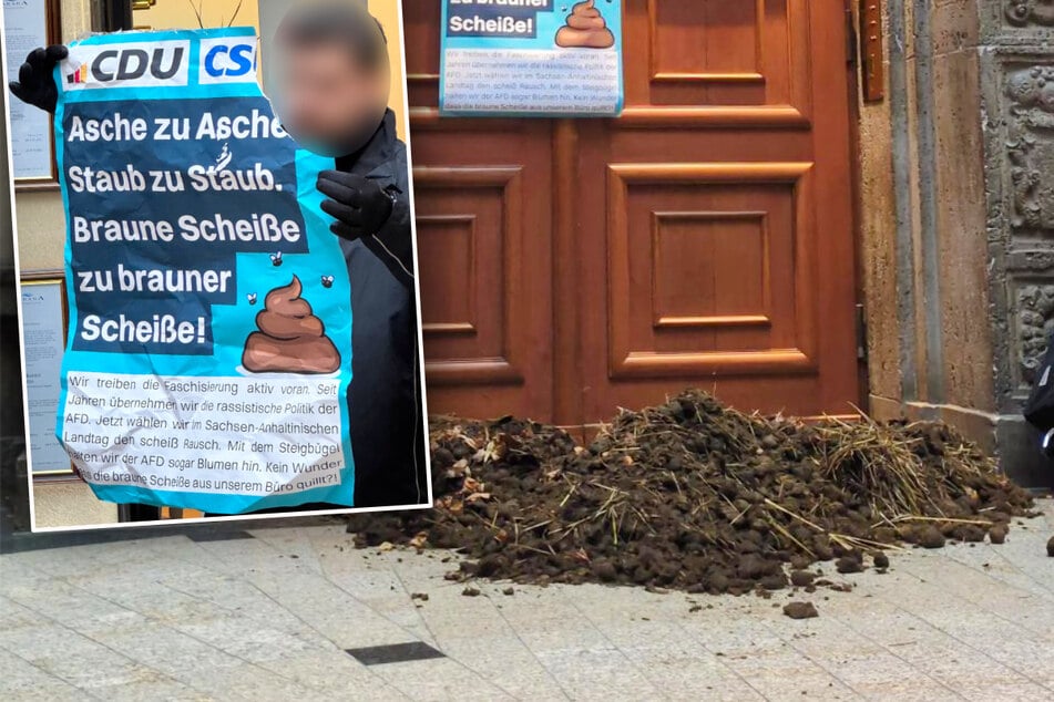 Leipzig: Ekel-Protest mitten in Leipzig: Linke Aktivisten kippen Pferdemist vor CDU-Zentrale aus