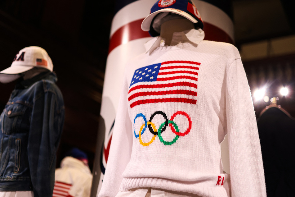 Team USA outfits for the upcoming 2024 Paris Olympic Games, including opening and closing ceremony apparel, are displayed at the Ralph Lauren Madison avenue headquarters in New York on June 17, 2024.