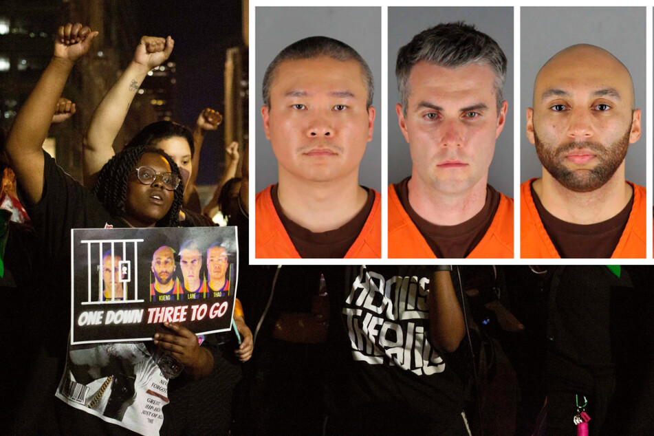 A jury on Thursday found former officers (inset from l. to r.) Tou Thao, Thomas Lane, and J. Alexander Kueng guilty of violating George Floyd's civil rights, as protestors had called for the three officers who assisted in his killing to be held accountable.