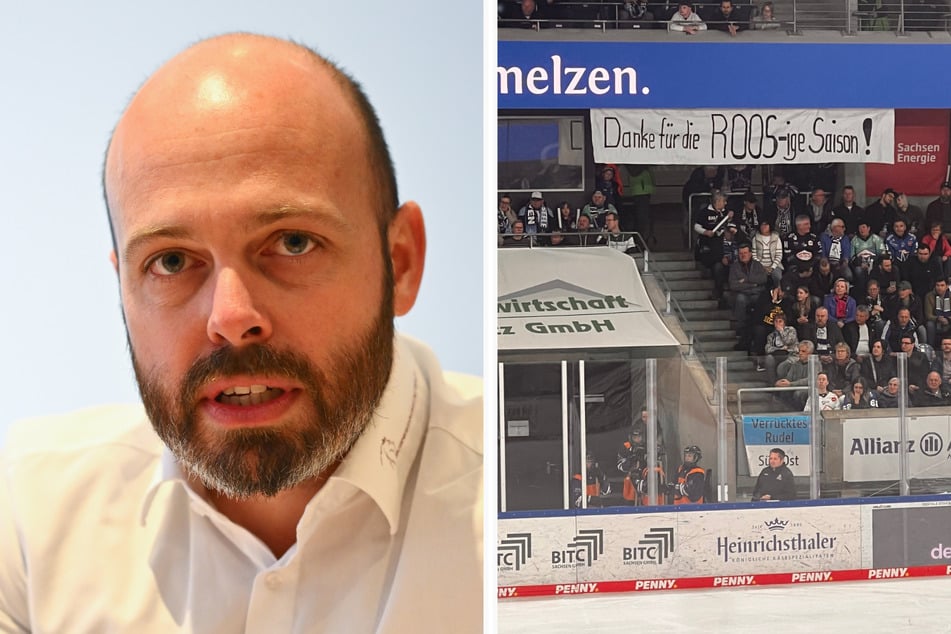 Ein kritisches Plakat war am Freitag zu sehen (r.). Geschäftsführer Maik Walsdorf (38, l.) war stolz auf die Fans.