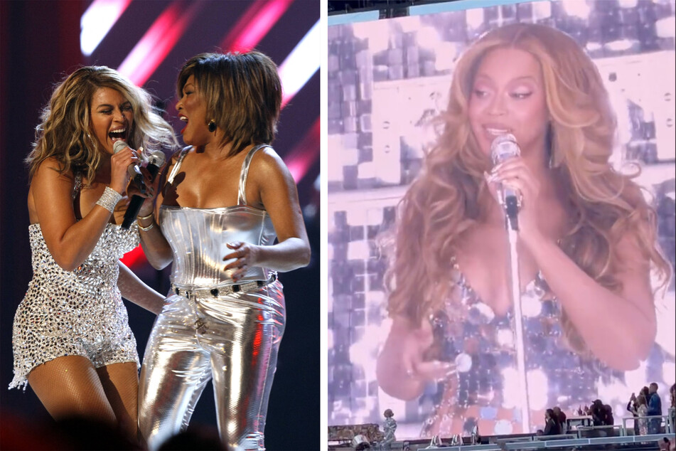 Beyoncé paid tribute to the late Tina Turner at her concert in Paris on Friday (r.). The two duetted at the Grammys together in 2008 (l.).