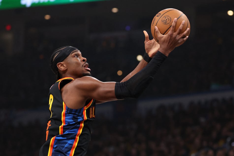 Shai Gilgeous-Alexander of the Oklahoma City Thunder makes a move to the basket during the first quarter of Round Two Game One of the 2025 NBA Playoffs against the Denver Nuggets at Paycom Center on May 5, 2025.