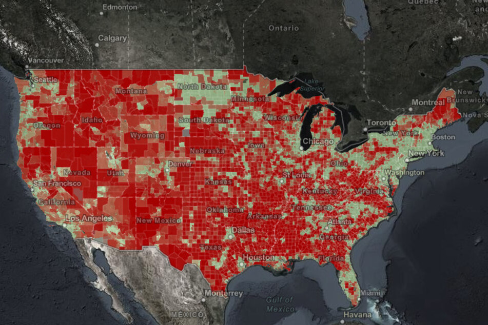 Red areas indicate a lack of sufficient, or any, internet connection. It is usually measured by a download speed of just 25 Mbps, a quarter of the speed a phone can reach with a full 4G connection.