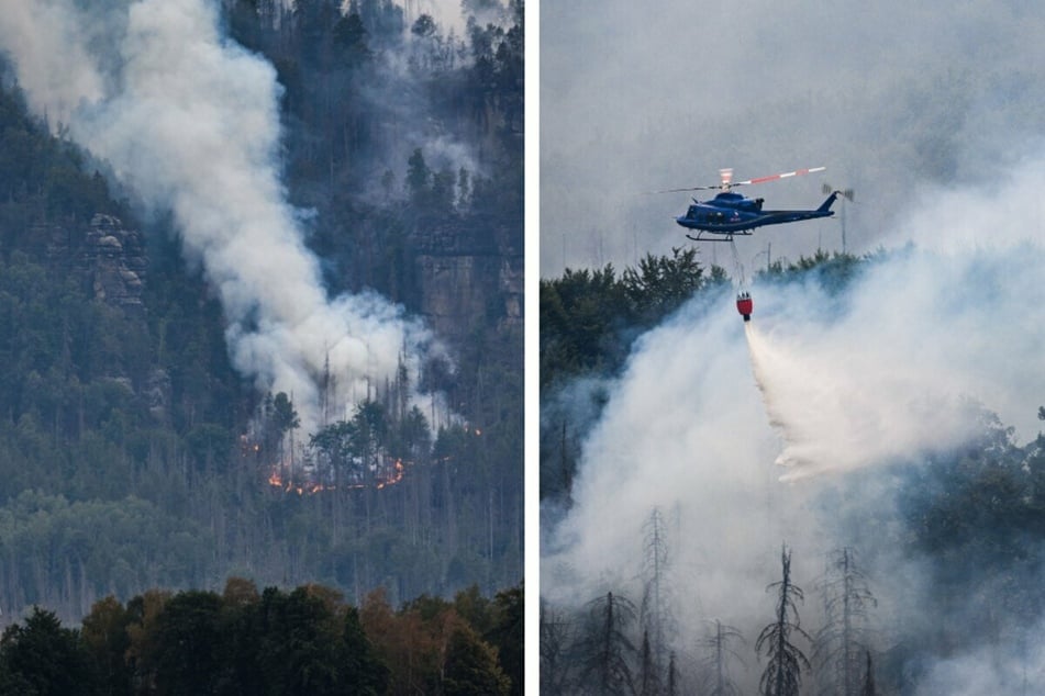 Mit einem Hubschrauber soll der Brand im Nationalpark Böhmische Schweiz in Hrensko nahe der Grenze zu Sachsen gelöscht werden (r.). Auch der Wald am kleinen Winterberg in der Sächsischen Schweiz steht in Flammen.