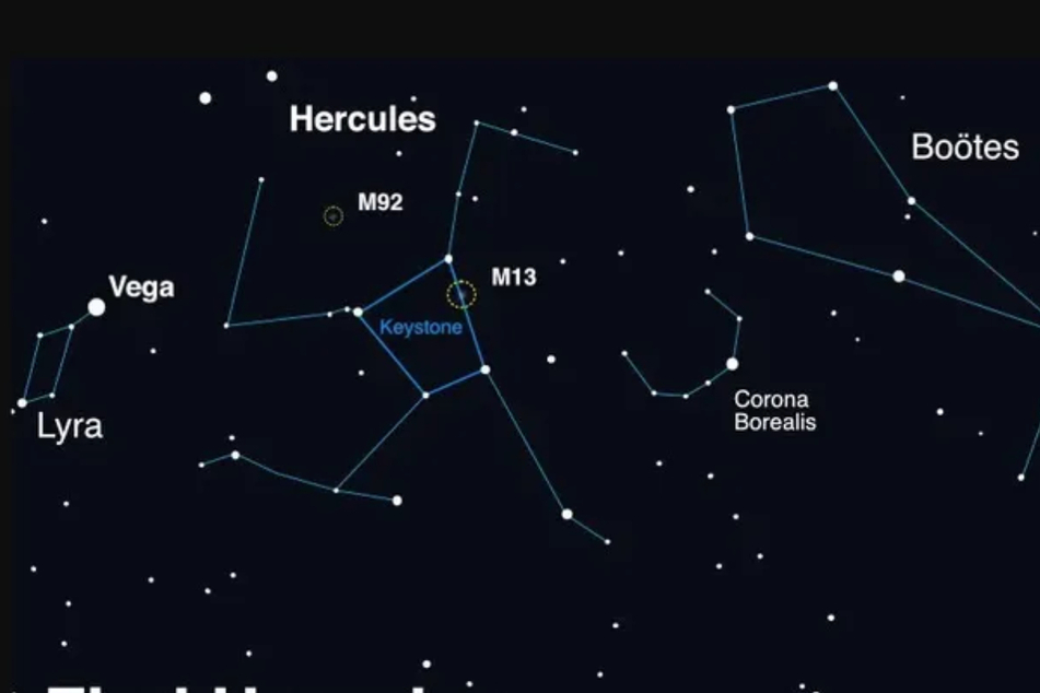 Das Konzeptbild der NASA, um das Sternbild Herkules zu finden und das Nova-Ereignis im Sommer sehen zu können.