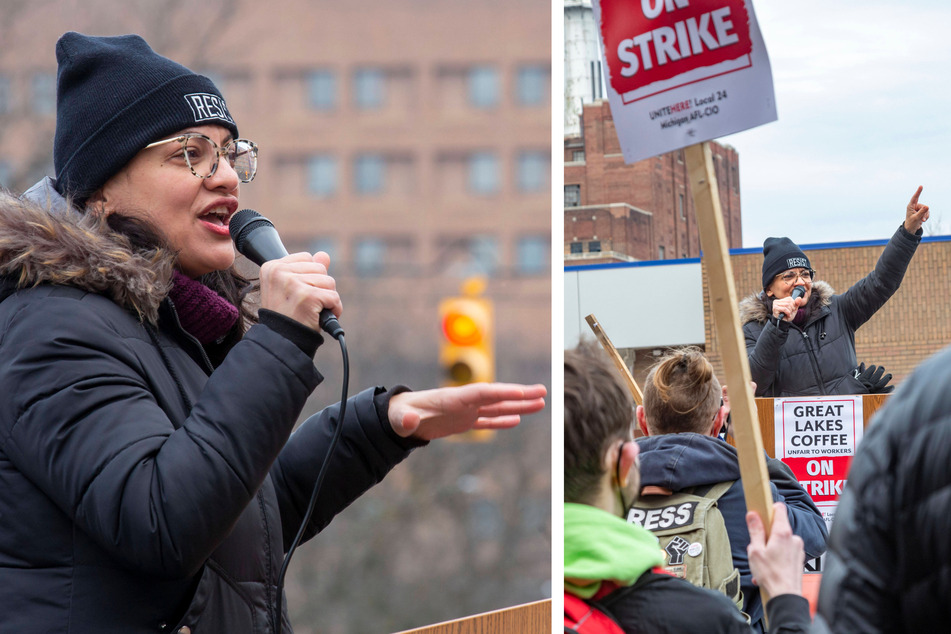 Michigan Rep. Rashida Tlaib speaks at a rally in support of Detroit's Comrades in Coffee.