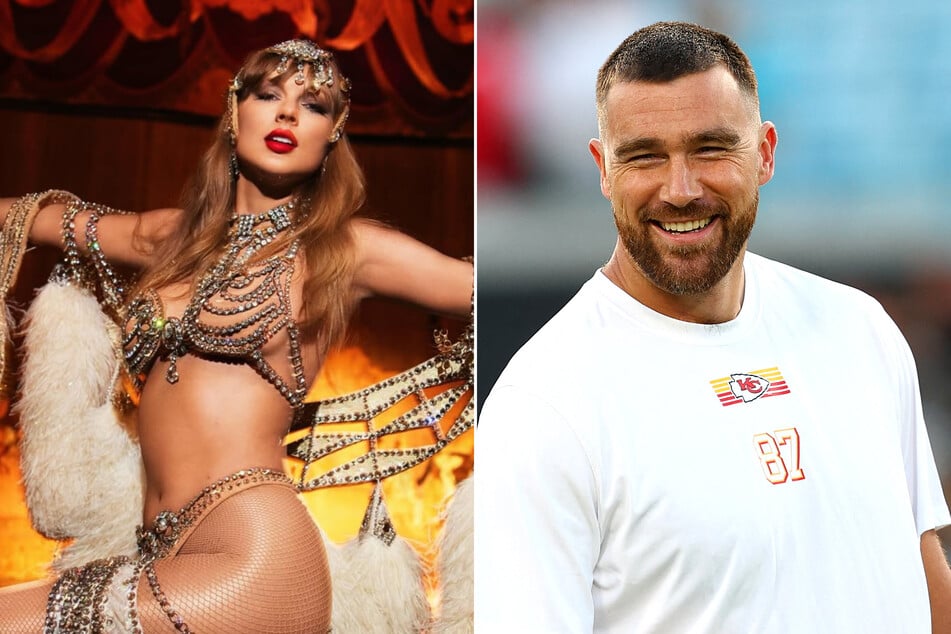 Travis Kelce (r.) has reacted to Taylor Swift's NSFW lyrics from The Life of a Showgirl.