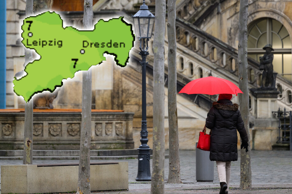 Eine Frau spaziert mit einem Regenschirm durch die Dresdner Altstadt - ein wichtiges Accessoire dieser Tage!