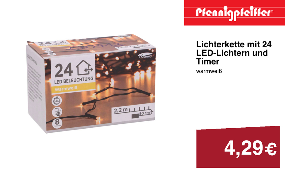 Bringt Licht ins Dunkle: Die Lichterkette mit 24 LED-Lichtern für nur 12,99 Euro. In den Pfennigpfeiffer Filialen am Donnerstag (16.11.) und Freitag (17.11.) sogar mit extra 10 Prozent Rabatt.