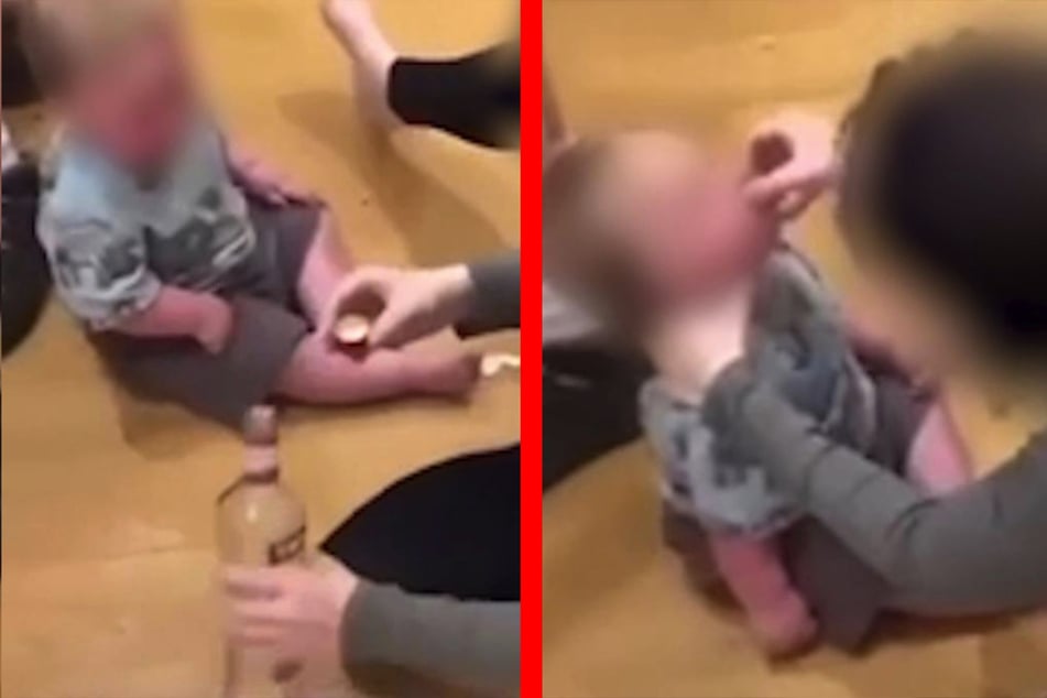 In einem Video sieht man, wie die Mutter ihrem Kind Alkohol zu trinken gibt.
