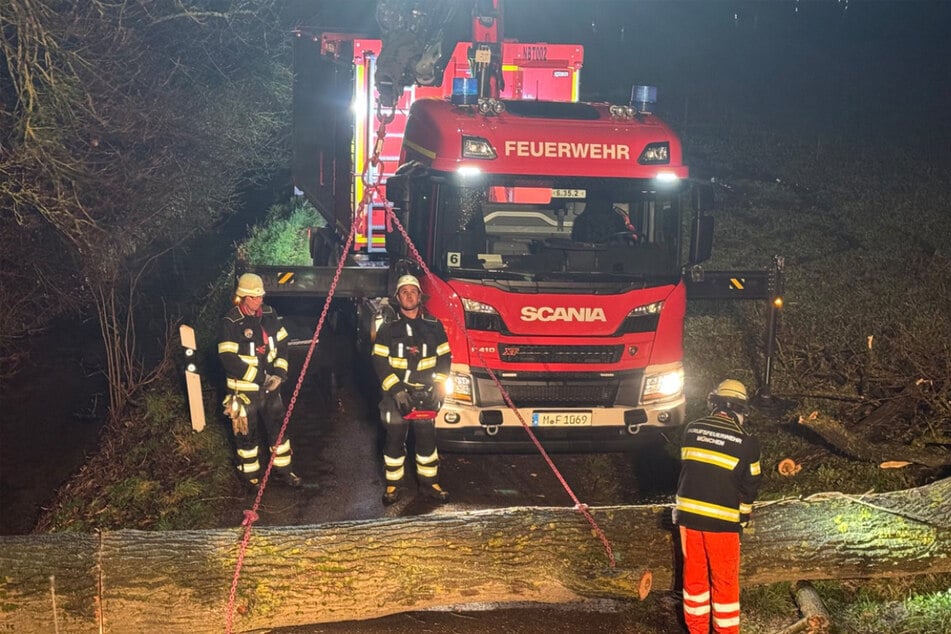 Bei der Beseitigung eines umgestürzten Baumes in der Eichenauer Straße kam auch ein Kran zum Einsatz.