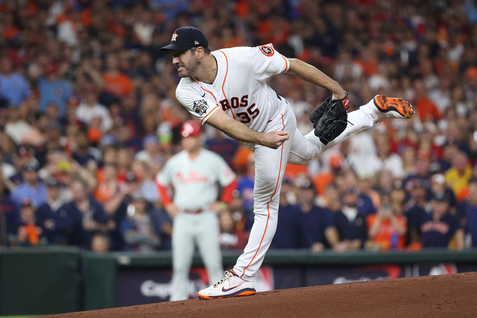 Houston Astros starting pitcher Justin Verlander throws a pitch against the Philadelphia Phillies during the first inning in Game 1 of the 2022 World Series at Minute Maid Park.
