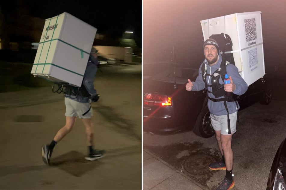 Der Brite Daniel Fairbrother trainiert mit einem Kühlschrank auf dem Rücken für den anstehenden London-Marathon.