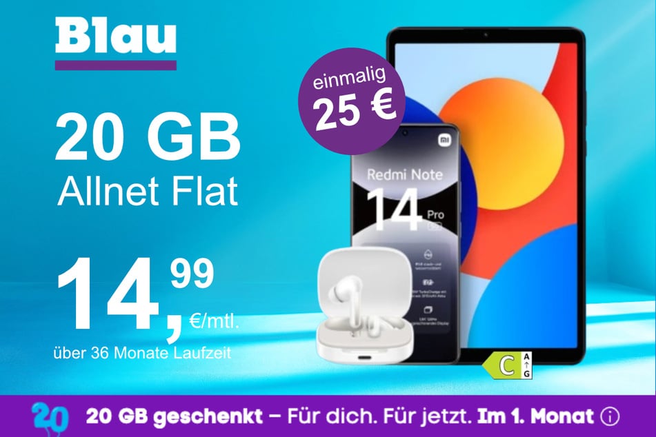 Das Xiaomi Redmi Note 14 Pro + Pad SE + Buds 6 im Blau Allnet M für einmalig 25 Euro.