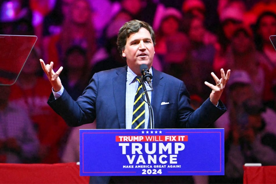 Tucker Carlson speaks during a campaign rally for Donald Trump at Madison Square Garden in New York on October 27, 2024.