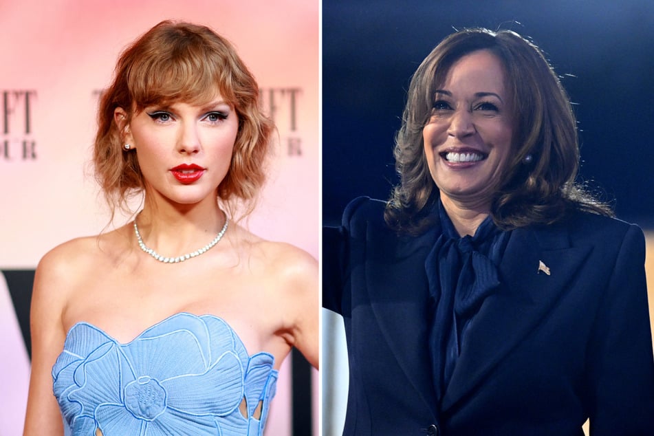 A coalition of Taylor Swift fans recently teamed up in support of Kamala Harris (r.) in a Zoom call that saw Swifties, celebrities, politicians, and more raise money for the campaign.