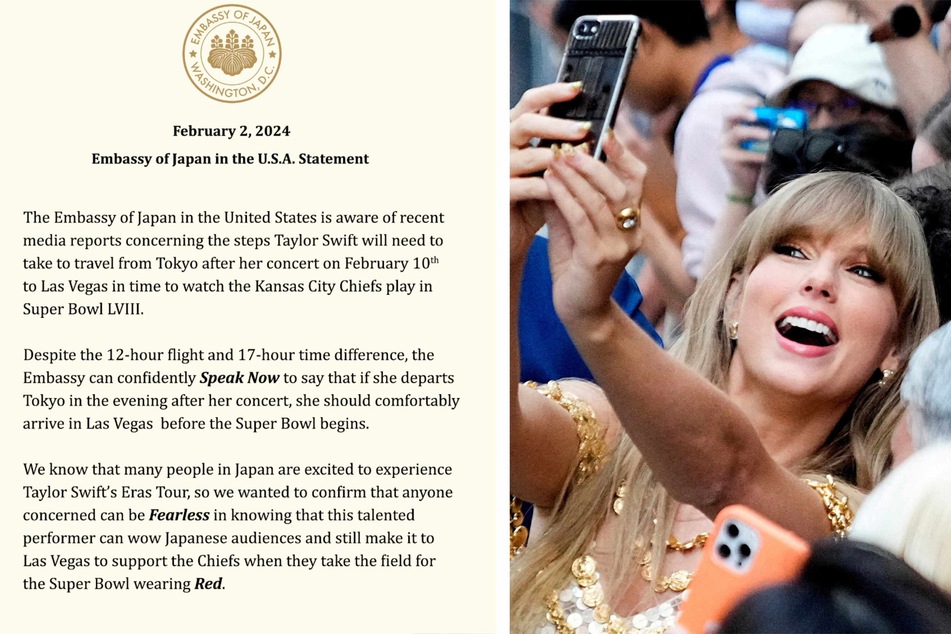 The US Embassy to Japan reassured the public in a punny post on X that Taylor Swift will have enough time to make it from her concert in Tokyo to watch the Super Bowl.