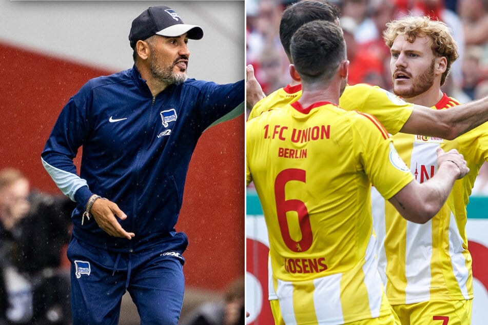 Hertha-Trainer Cristian Fiél (44) muss sich mit einem Bundesligisten messen, während Union Berlin die erste Runde dank Yorbe Vertessen (24, r.) überstand.