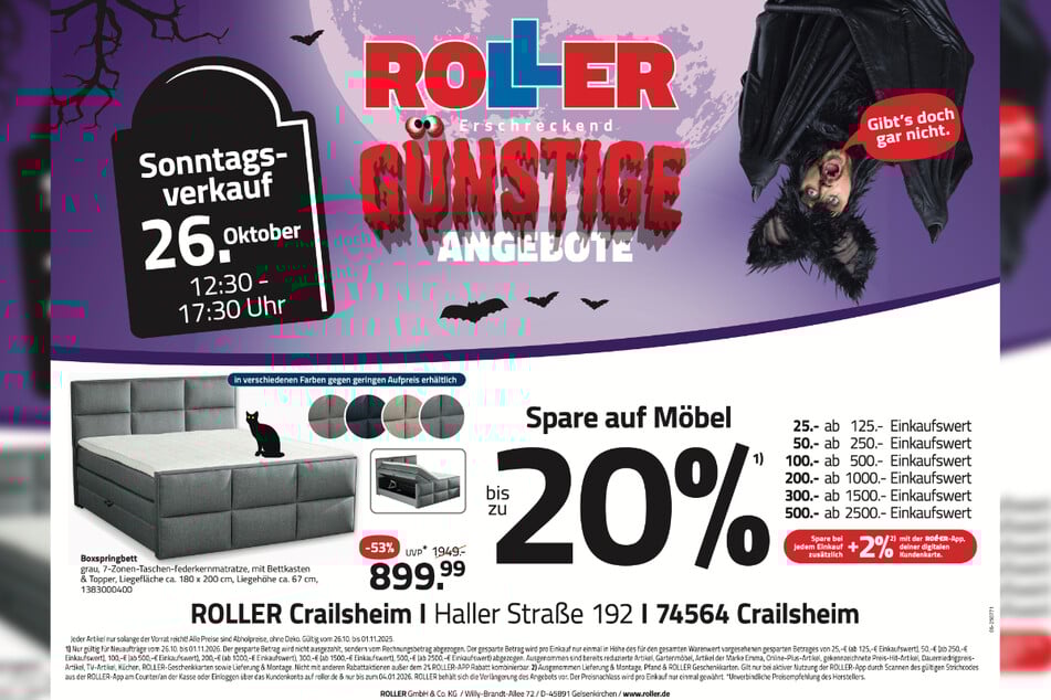 Zum verkaufsoffenen Sonntag (26.10.) bei ROLLER in Crailsheim bekommt Ihr Boxspringbetten satte 53 Prozent günstiger.