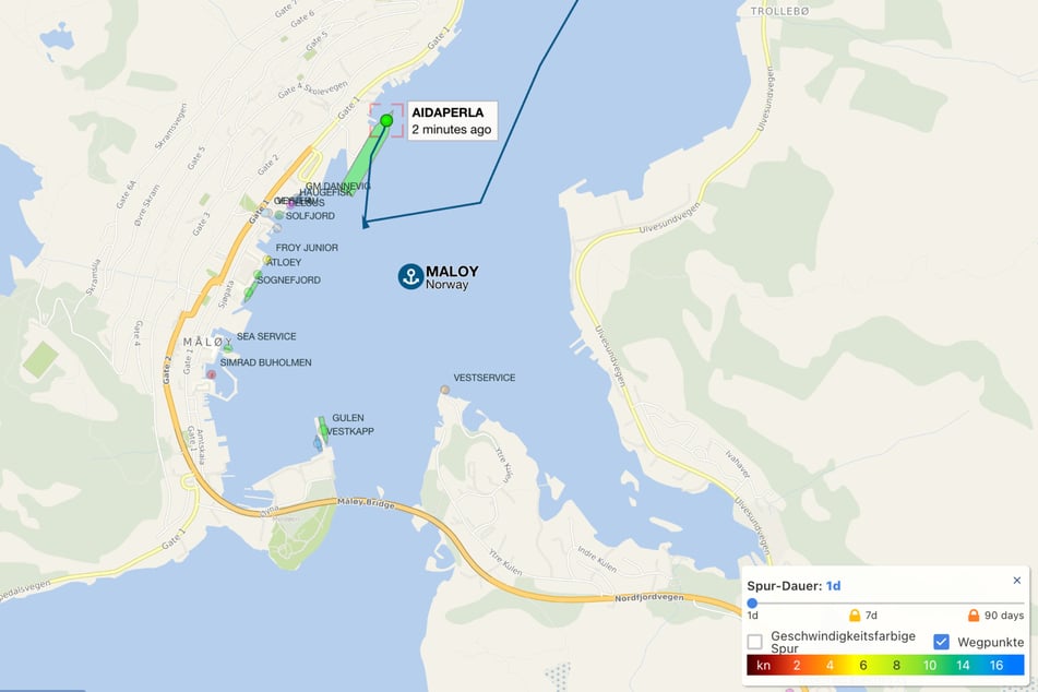 Nach aktuellem Stand befindet sich die AIDAperla weiterhin vor der norwegischen Küste.