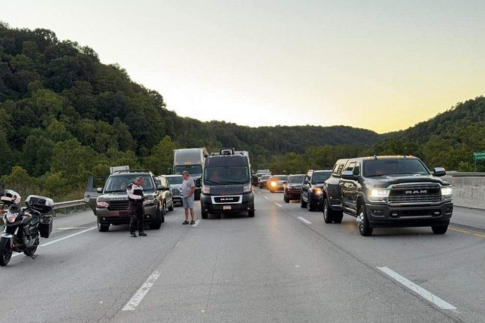 Traffic is stopped on Interstate 75 during an active shooter incident near London, Kentucky, on September 7, 2024.